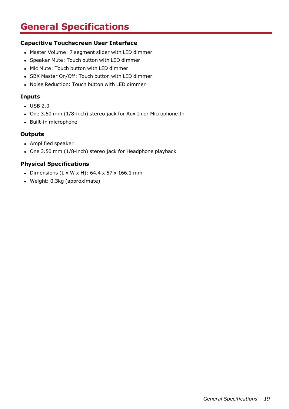 General specifications | CREATIVE Sound Blaster AXX SB1380 User Manual | Page 20 / 28