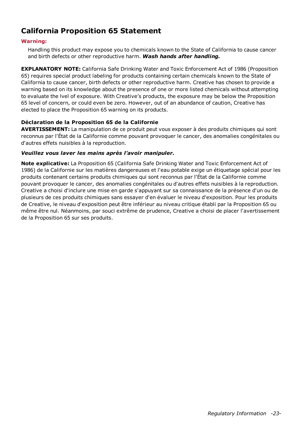 California proposition 65 statement | CREATIVE Sound Blaster AXX SB1380 User Manual | Page 24 / 28