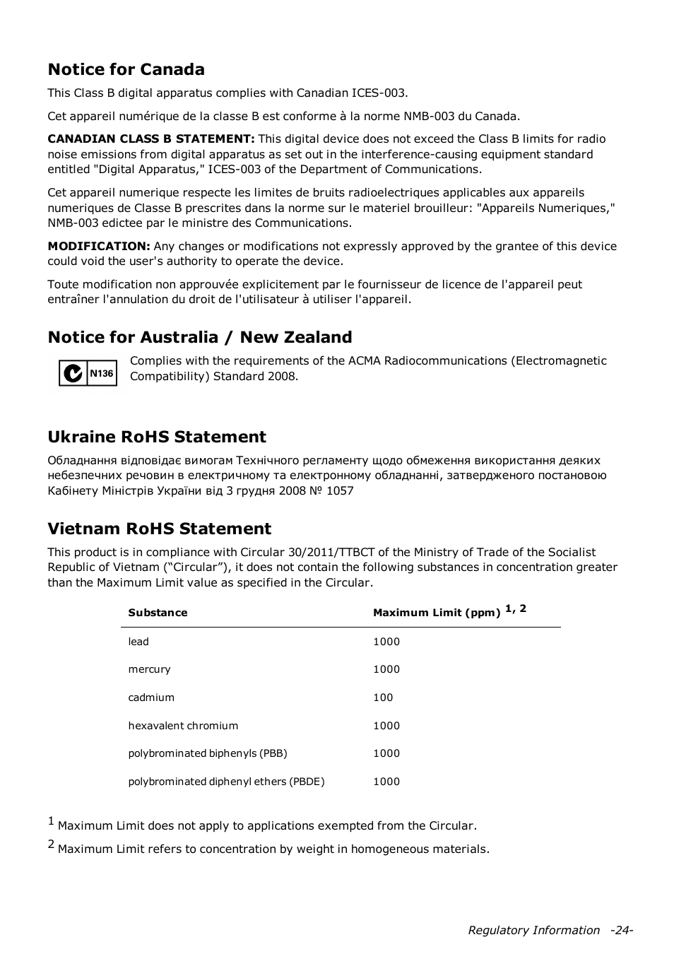 Notice for canada, Notice for australia / new zealand, Ukraine rohs statement | Vietnam rohs statement | CREATIVE Sound Blaster AXX SB1380 User Manual | Page 25 / 28