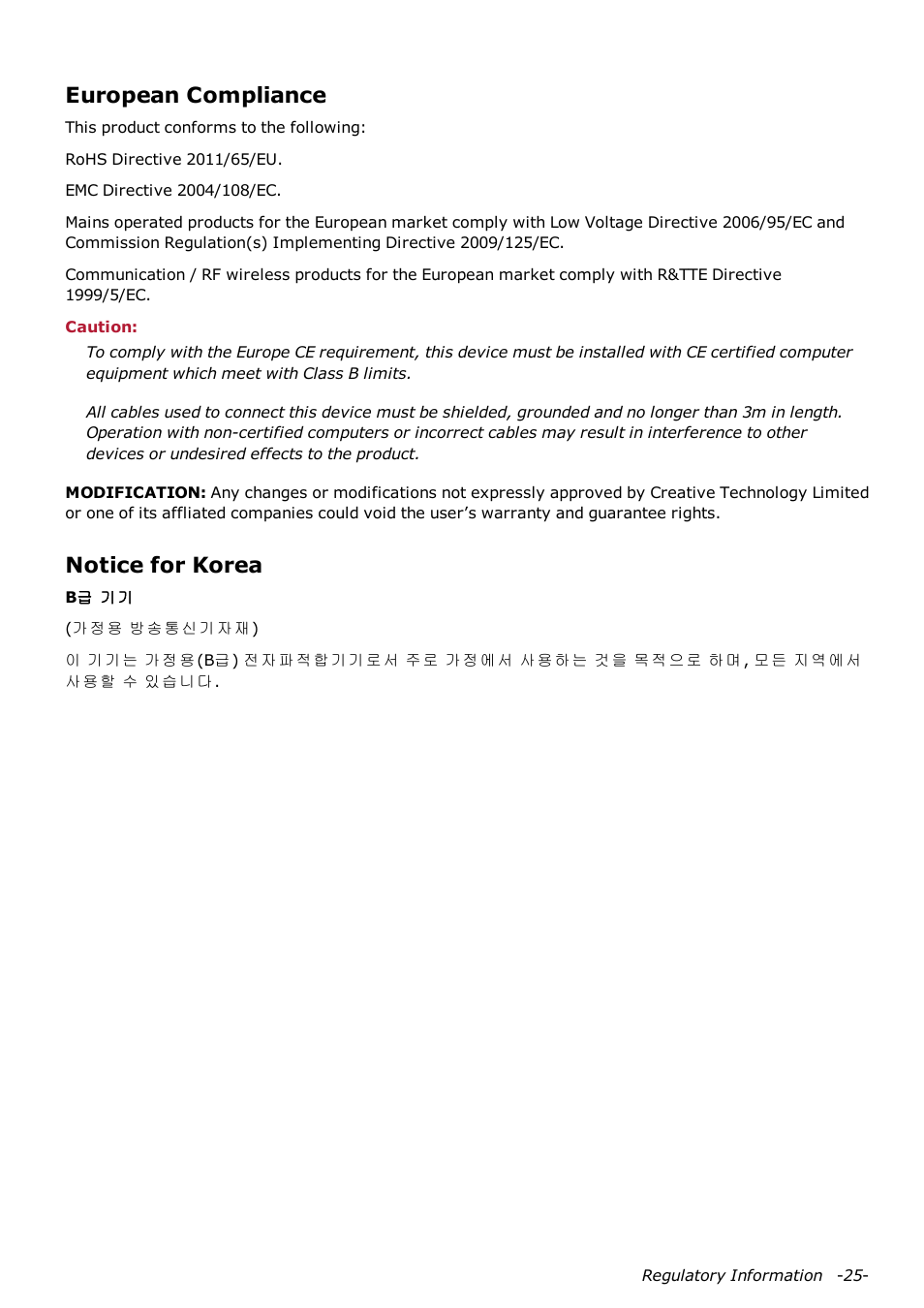 European compliance, Notice for korea | CREATIVE Sound Blaster AXX SB1380 User Manual | Page 26 / 28