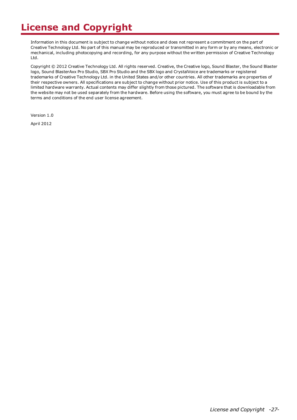 License and copyright | CREATIVE Sound Blaster AXX SB1380 User Manual | Page 28 / 28