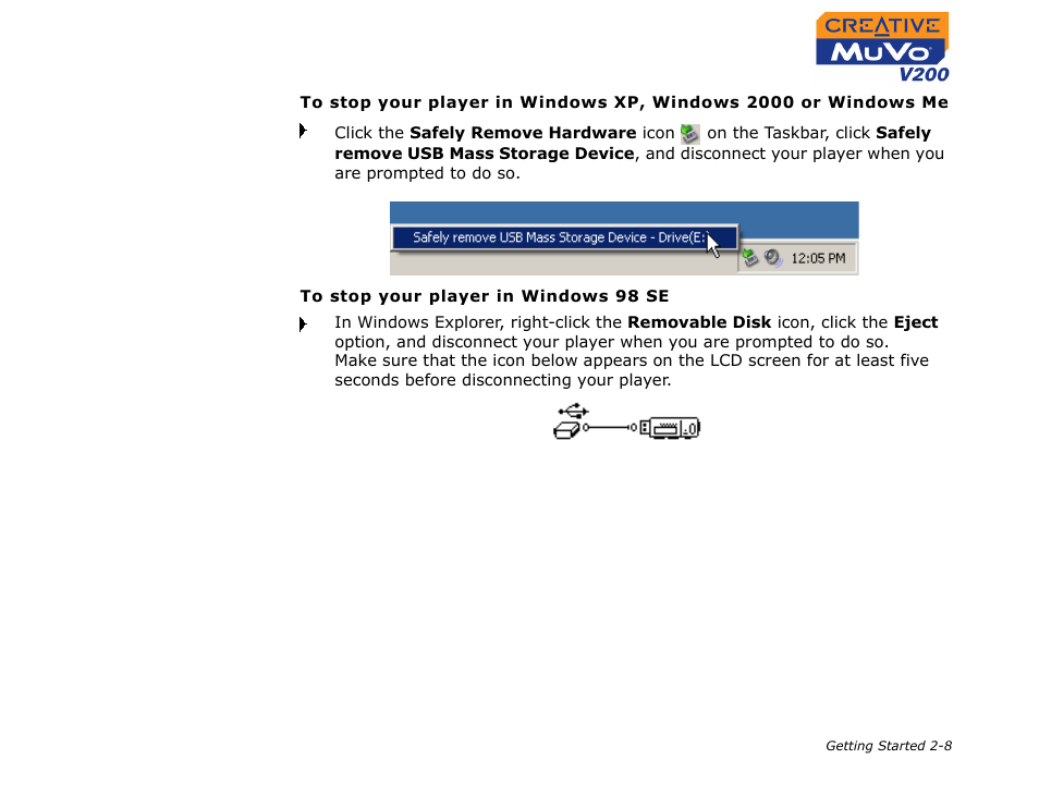 Step 4: stopping your player properly, Step 4: stopping your player properly -8 | CREATIVE MuVo V200 User Manual | Page 21 / 58