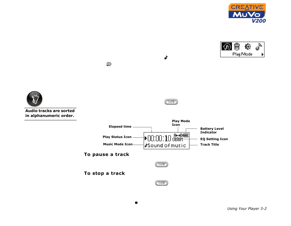 Enabling a mode, Playing audio tracks, Enabling a mode -2 playing audio tracks -2 | CREATIVE MuVo V200 User Manual | Page 24 / 58