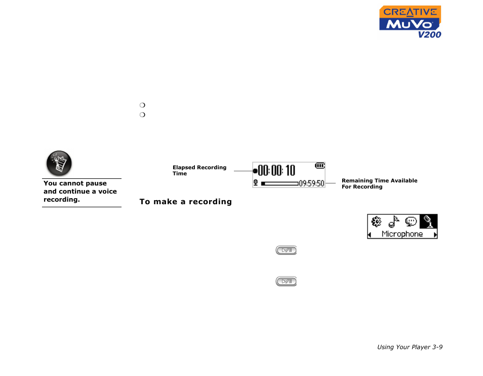 Audio and fm recording, Recording audio, Audio and fm recording -9 | Recording audio -9 | CREATIVE MuVo V200 User Manual | Page 31 / 58