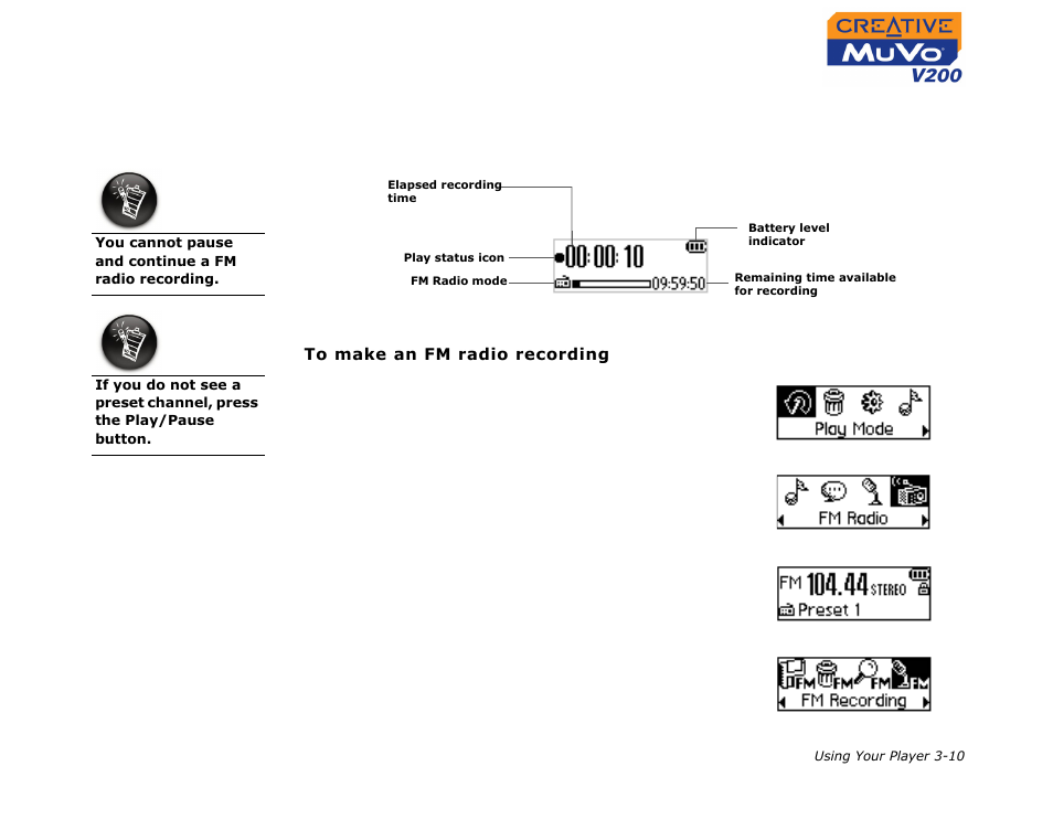 Recording fm radio, Recording fm radio -10 | CREATIVE MuVo V200 User Manual | Page 32 / 58