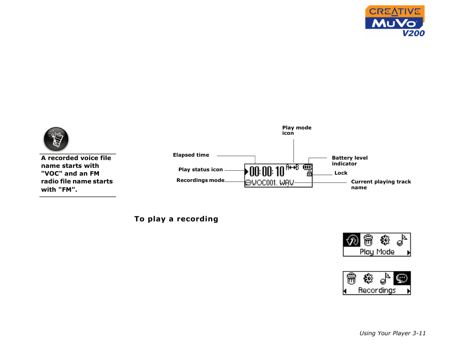 Playing recordings, Playing recordings -11 | CREATIVE MuVo V200 User Manual | Page 33 / 58