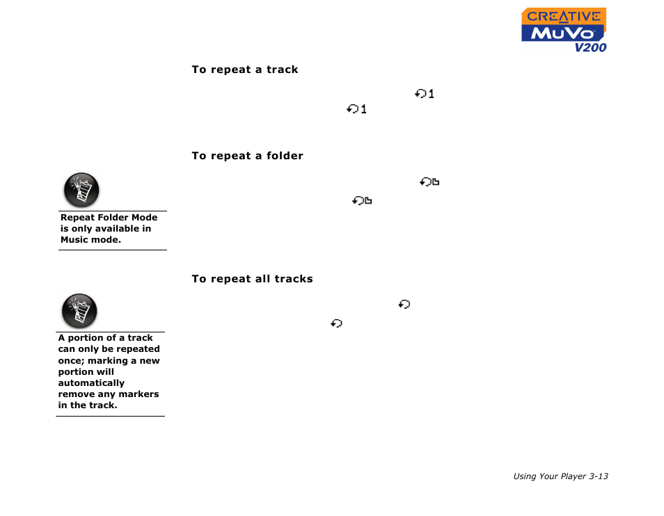 Repeat track, Repeat folder, Repeat all | Repeat track -13 repeat folder -13 repeat all -13 | CREATIVE MuVo V200 User Manual | Page 35 / 58