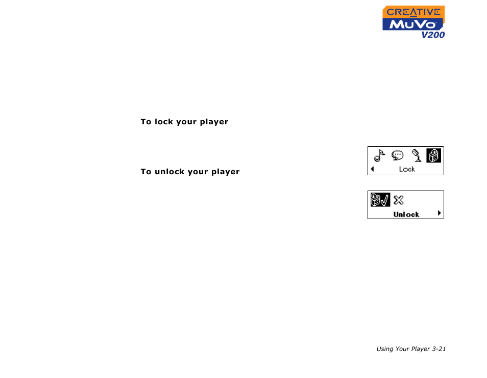 Locking and unlocking your player, Locking and unlocking your player -21 | CREATIVE MuVo V200 User Manual | Page 43 / 58