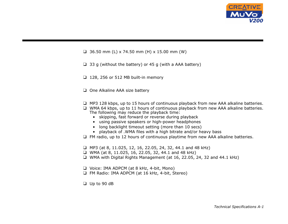 Size, Weight, Capacity | Battery type, Battery life (playback time), Playback formats, Recording formats, Signal to noise ratio, A technical specifications, Technical specifications | CREATIVE MuVo V200 User Manual | Page 46 / 58