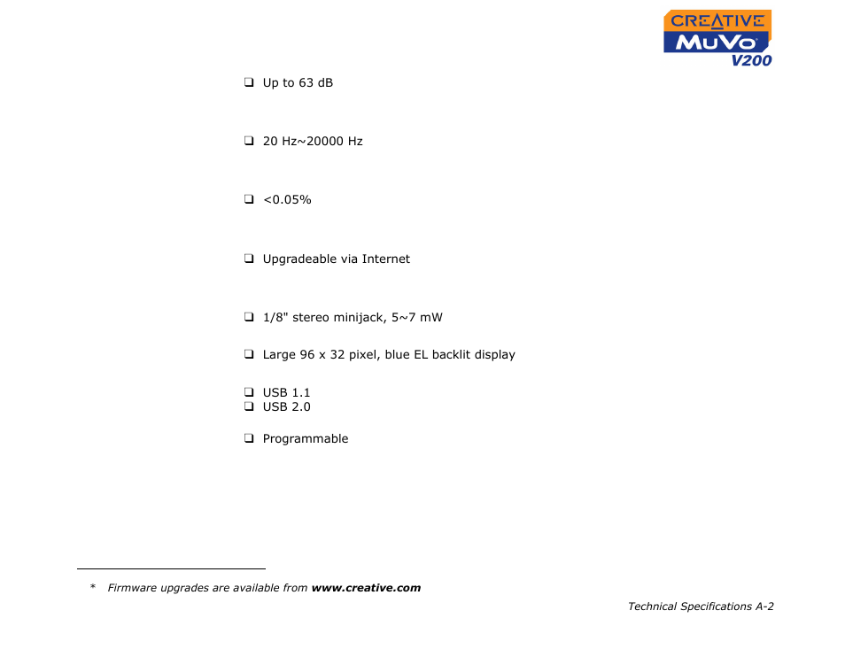 Channel separation, Frequency response, Harmonic distortion | Operating system/ firmware, Headphone out, Lcd display, Data connector, Firmware support | CREATIVE MuVo V200 User Manual | Page 47 / 58