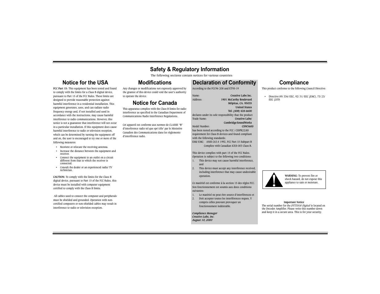 Safety & regulatory information, Notice for the usa, Modifications | Notice for canada, Declaration of conformity, Compliance | CREATIVE Digital DTT 3500 User Manual | Page 2 / 26