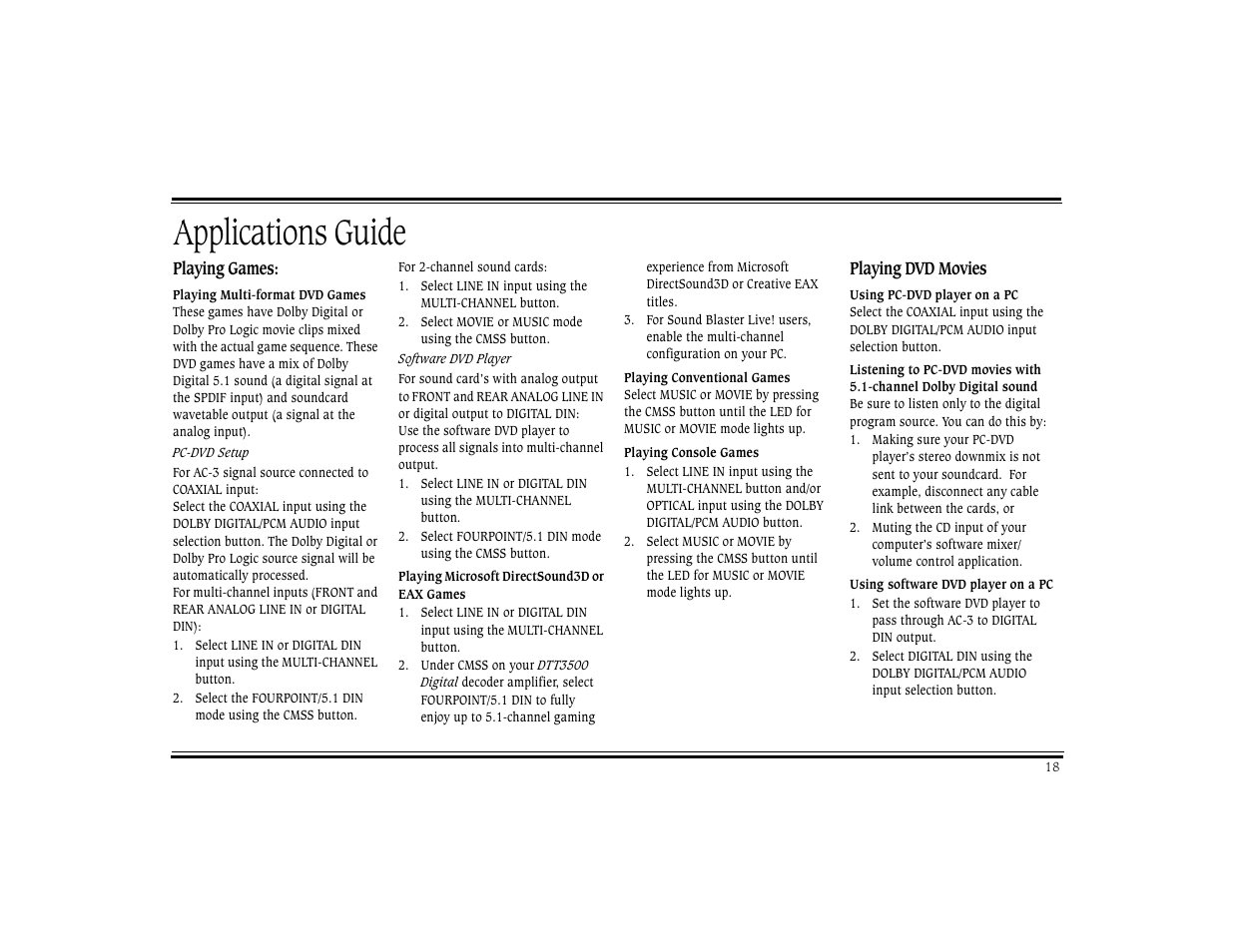 Playing multi-format dvd games, Playing microsoft directsound3d or eax games, Playing conventional games | Playing console games, Using pc-dvd player on a pc, Using software dvd player on a pc, Applications guide | CREATIVE Digital DTT 3500 User Manual | Page 22 / 26