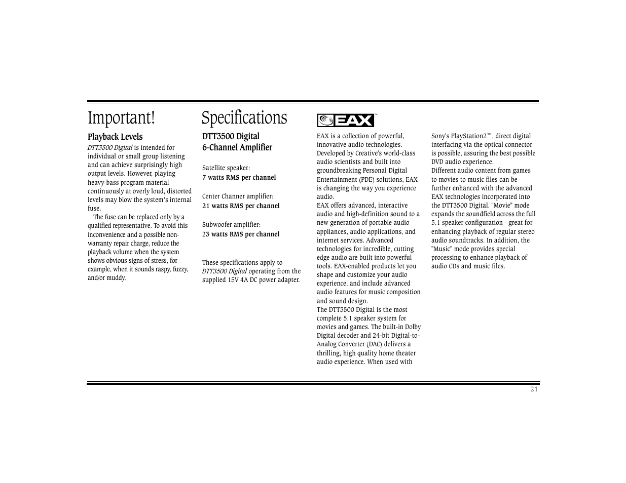 Playback levels, Specifications, Important! specifications eax | CREATIVE Digital DTT 3500 User Manual | Page 25 / 26