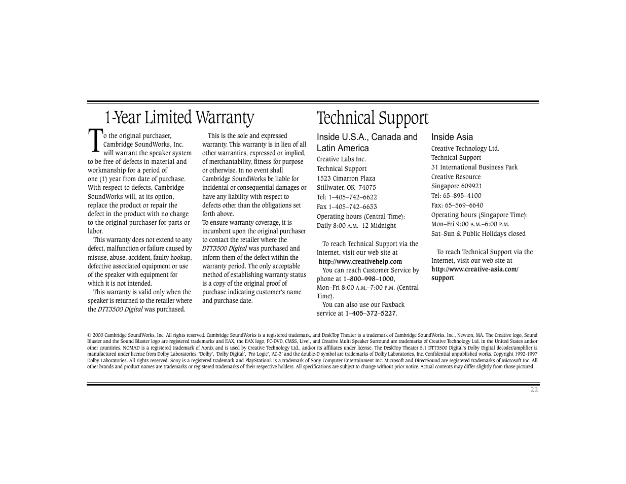 Year limited warranty, Technical support, Technical support 1-year limited warranty | CREATIVE Digital DTT 3500 User Manual | Page 26 / 26