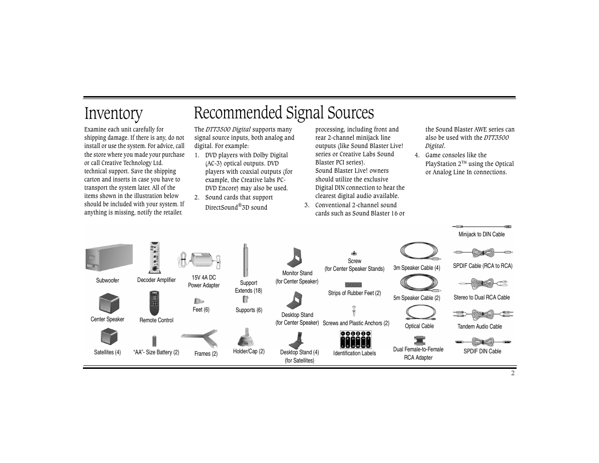 Inventory, Recommended signal sources, Inventory recommended signal sources | CREATIVE Digital DTT 3500 User Manual | Page 6 / 26
