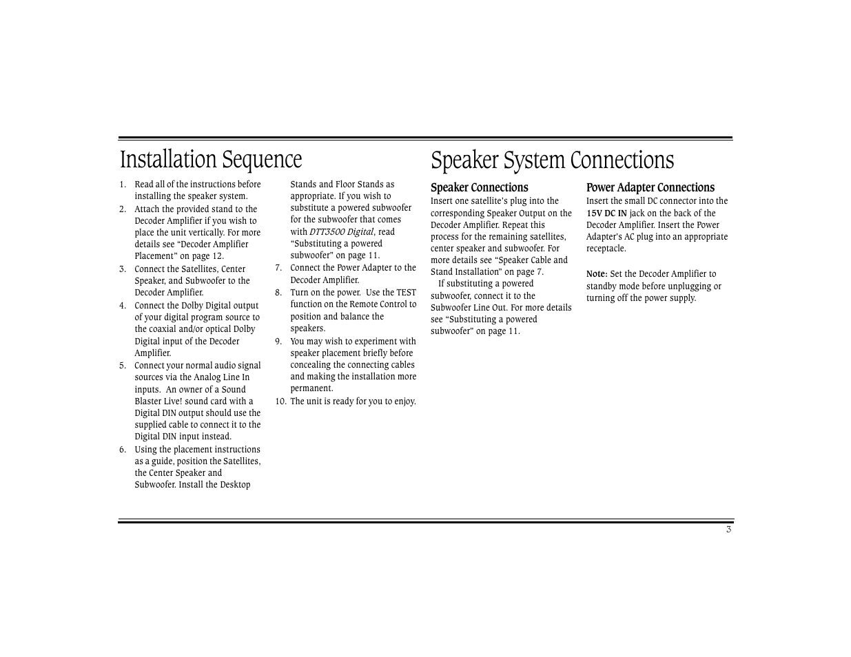 Installation sequence, Speaker system connections, Installation sequence speaker system connections | CREATIVE Digital DTT 3500 User Manual | Page 7 / 26