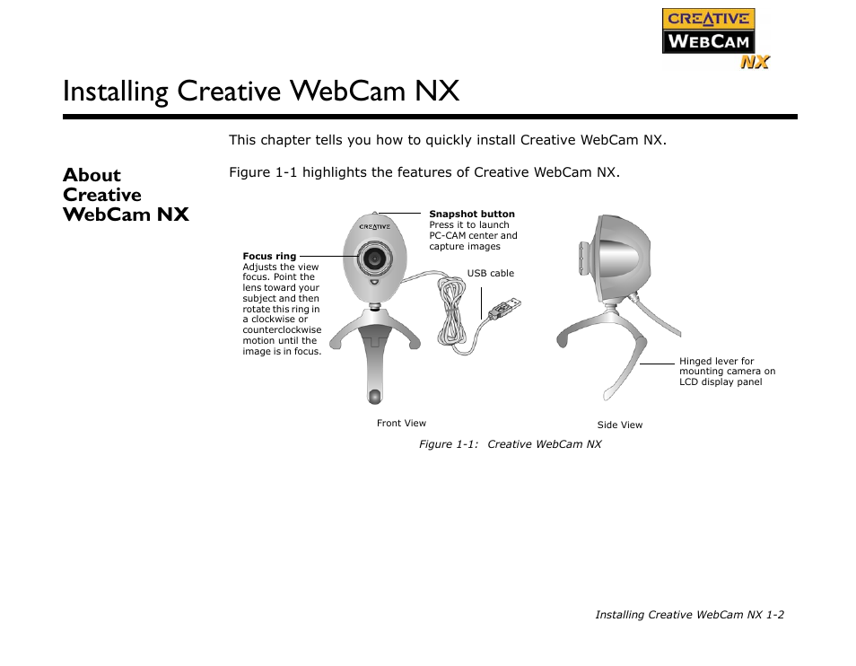 About creative webcam nx, About creative webcam nx -2, Installing creative webcam nx | CREATIVE Digital Video Camera Kit WebCam NX User Manual | Page 10 / 31