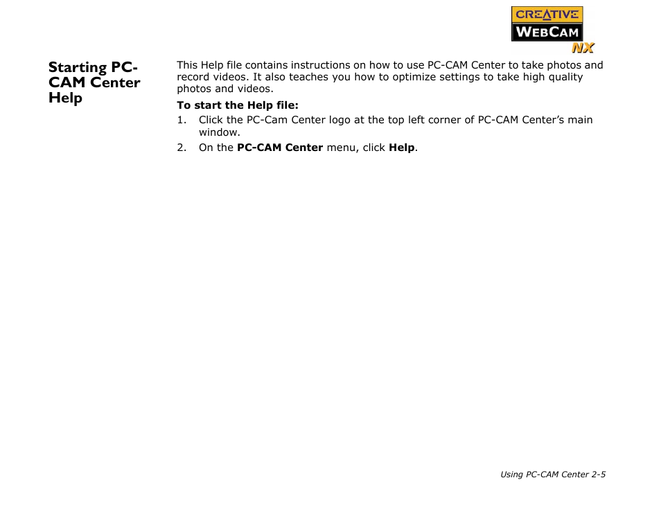 Starting pc- cam center help, Starting pc-cam center help -5 | CREATIVE Digital Video Camera Kit WebCam NX User Manual | Page 19 / 31