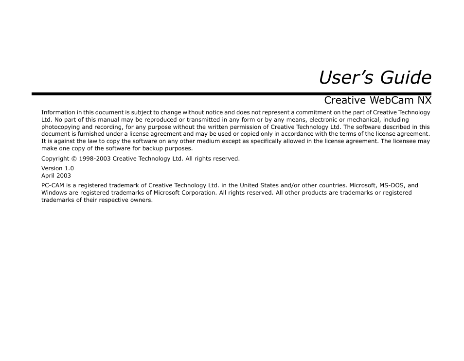 User’s guide | CREATIVE Digital Video Camera Kit WebCam NX User Manual | Page 2 / 31