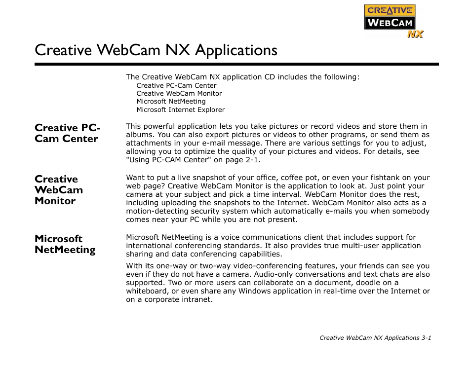 Creative pc- cam center, Creative webcam monitor, Microsoft netmeeting | Creative pc-cam center -1, Creative webcam monitor -1 microsoft netmeeting -1, Creative webcam nx applications | CREATIVE Digital Video Camera Kit WebCam NX User Manual | Page 21 / 31