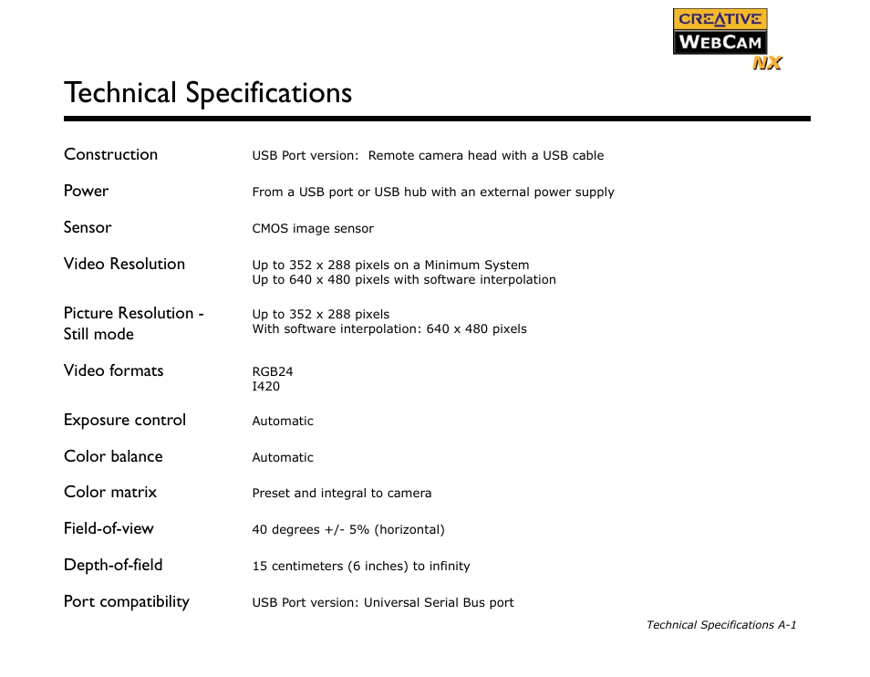 Construction, Power, Sensor | Video resolution, Picture resolution - still mode, Video formats, Exposure control, Color balance, Color matrix, Field-of-view | CREATIVE Digital Video Camera Kit WebCam NX User Manual | Page 24 / 31