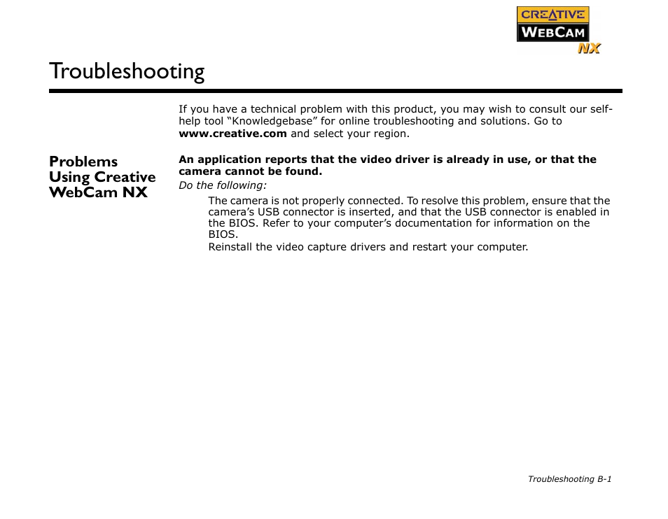 Problems using creative webcam nx, Troubleshooting | CREATIVE Digital Video Camera Kit WebCam NX User Manual | Page 27 / 31