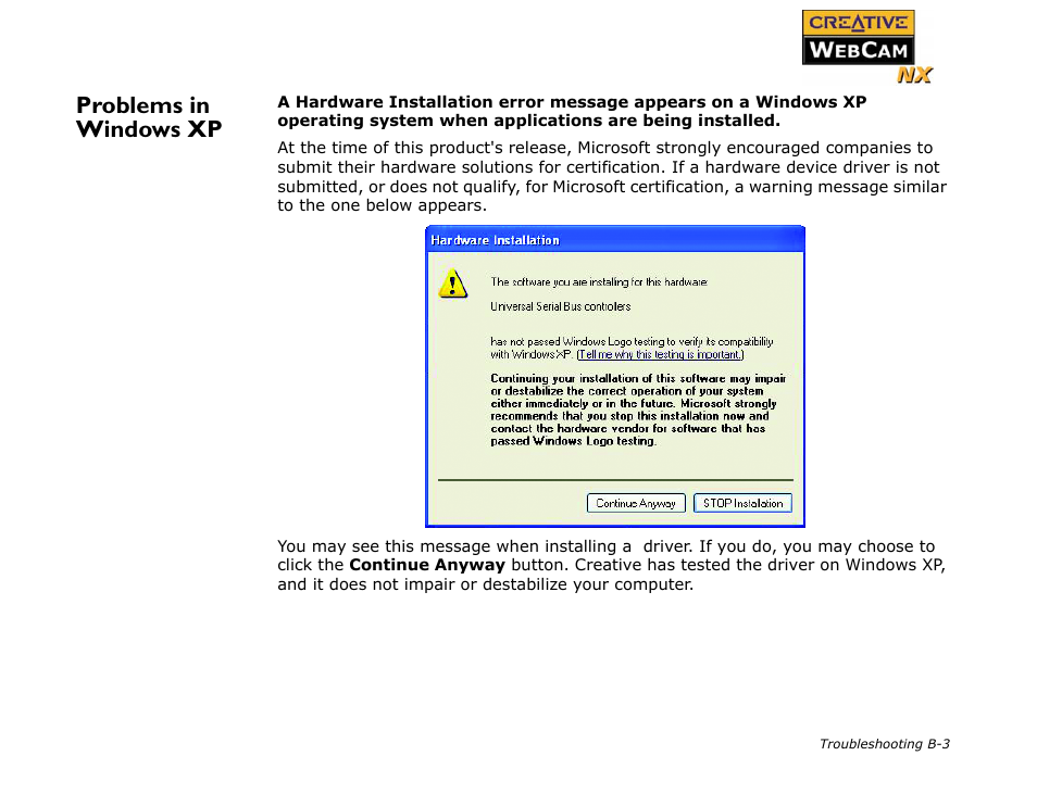 Problems in windows xp | CREATIVE Digital Video Camera Kit WebCam NX User Manual | Page 29 / 31