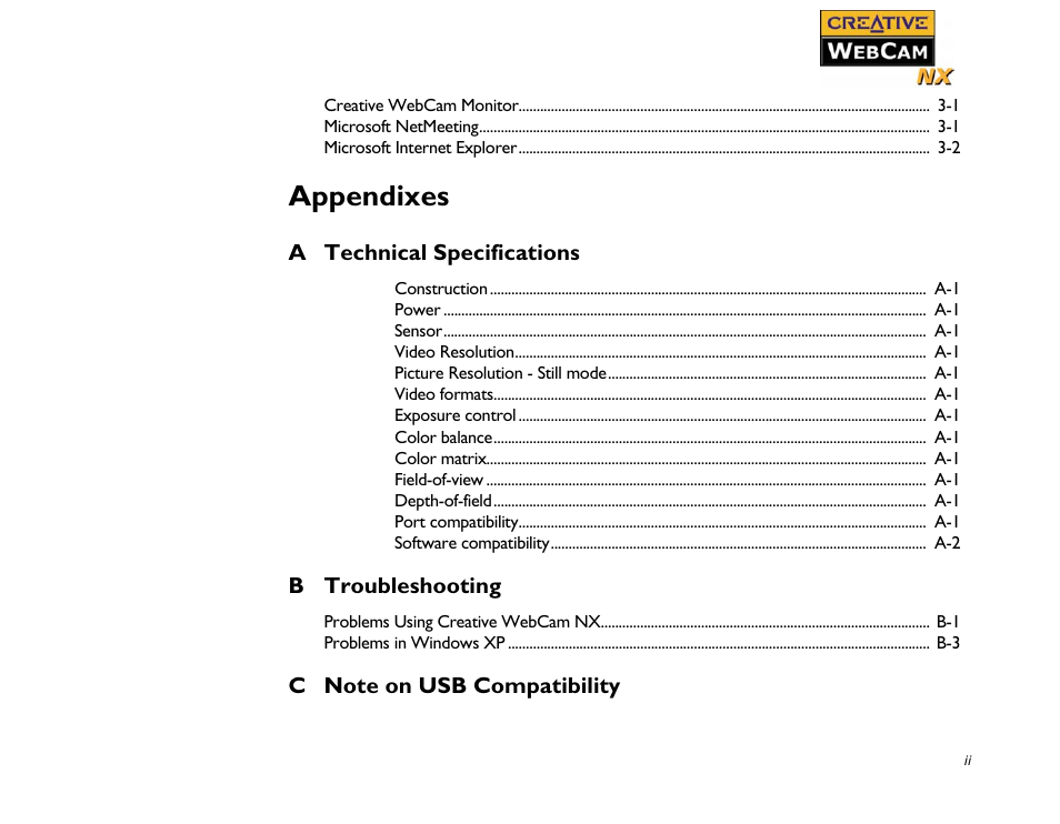 Appendixes | CREATIVE Digital Video Camera Kit WebCam NX User Manual | Page 5 / 31