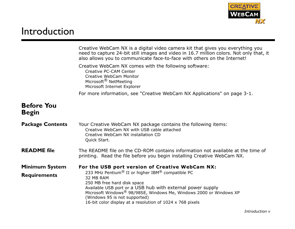 Before you begin, Package contents, Readme file | Minimum system requirements, Introduction | CREATIVE Digital Video Camera Kit WebCam NX User Manual | Page 7 / 31