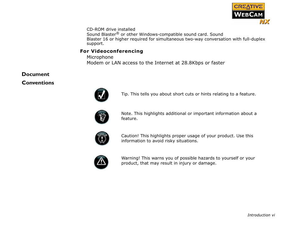 Document conventions | CREATIVE Digital Video Camera Kit WebCam NX User Manual | Page 8 / 31