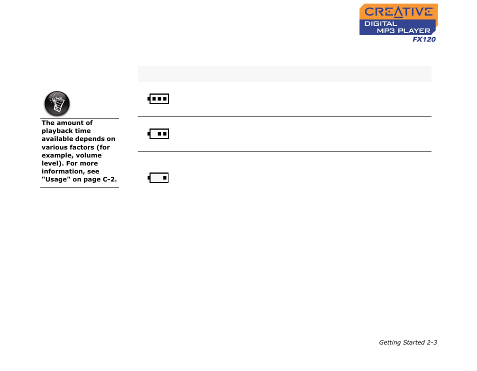 Power source and level indicators, Power source and level indicators -3 | CREATIVE Digtial MP3 Player FX120 User Manual | Page 17 / 61