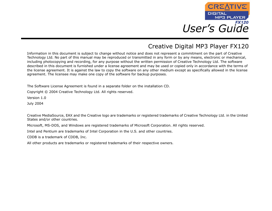 User’s guide | CREATIVE Digtial MP3 Player FX120 User Manual | Page 2 / 61