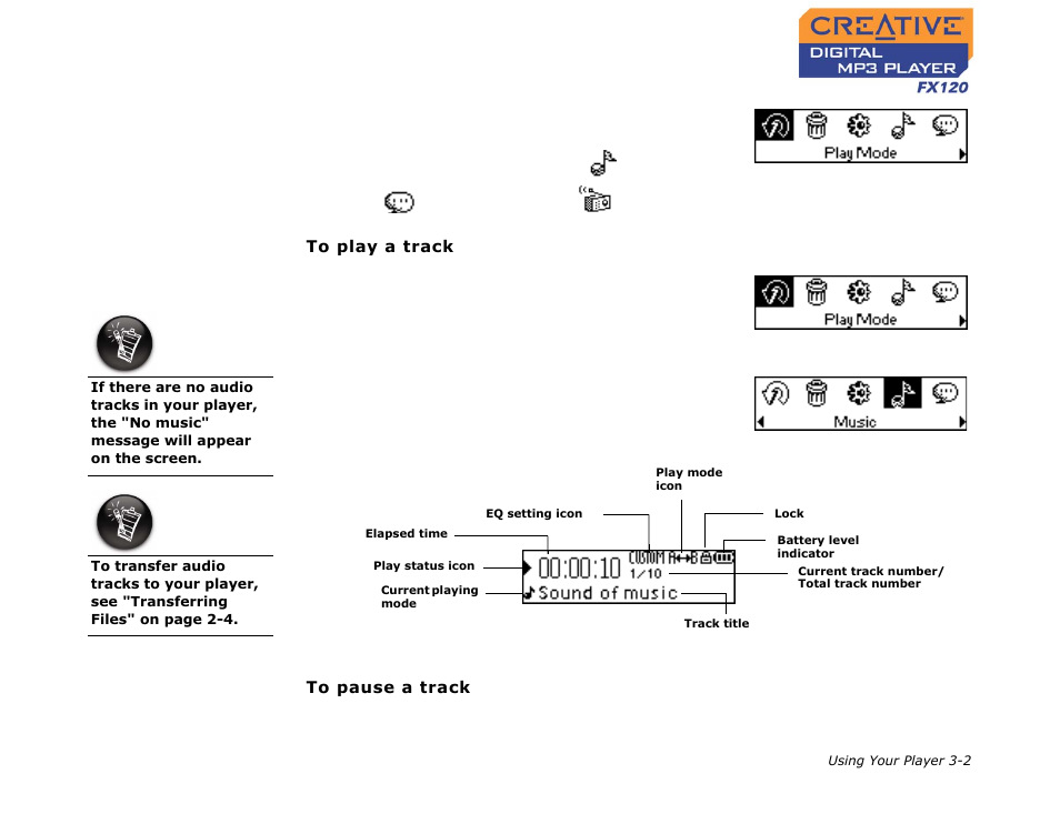 Enabling a mode, Playing music tracks, Enabling a mode -2 | Playing music tracks -2 | CREATIVE Digtial MP3 Player FX120 User Manual | Page 23 / 61