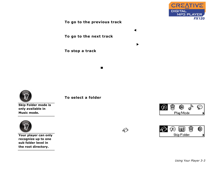 Skipping folders, Skipping folders -3 | CREATIVE Digtial MP3 Player FX120 User Manual | Page 24 / 61