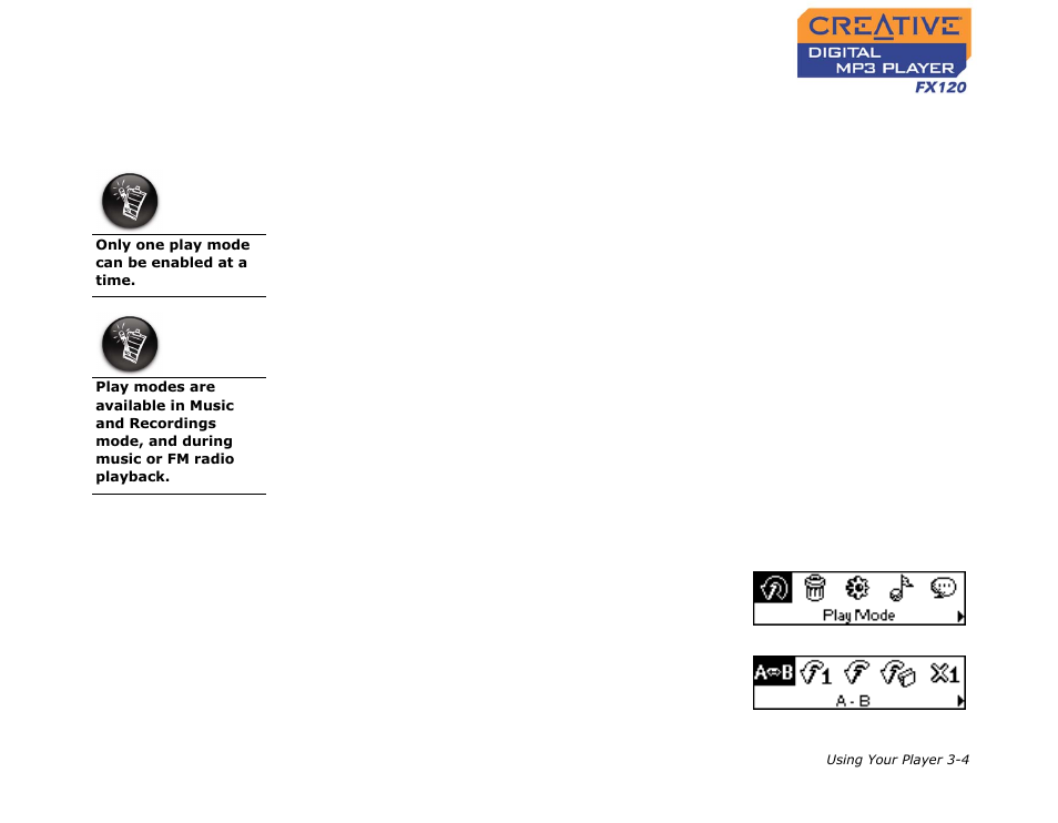 Changing play modes, Repeating music, Changing play modes -4 | Repeating music -4 | CREATIVE Digtial MP3 Player FX120 User Manual | Page 25 / 61