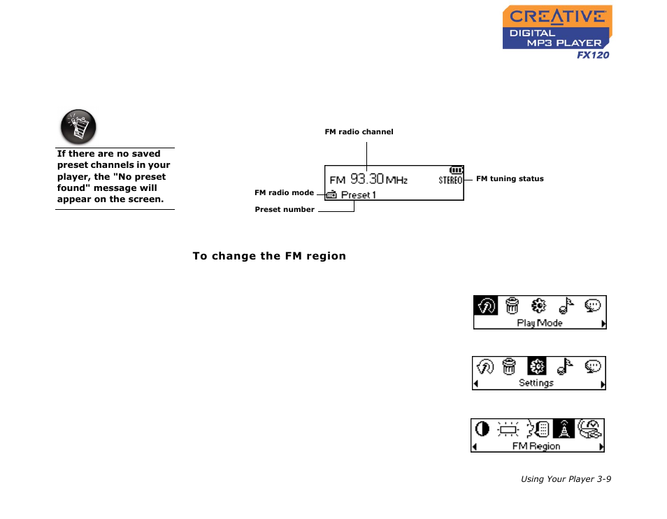 Listening to fm radio, Listening to fm radio -9 | CREATIVE Digtial MP3 Player FX120 User Manual | Page 30 / 61