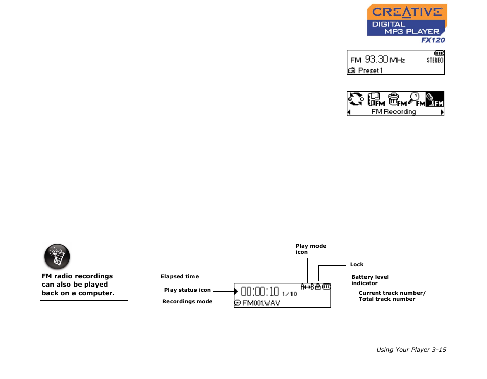 Playing fm recordings, Playing fm recordings -15 | CREATIVE Digtial MP3 Player FX120 User Manual | Page 36 / 61