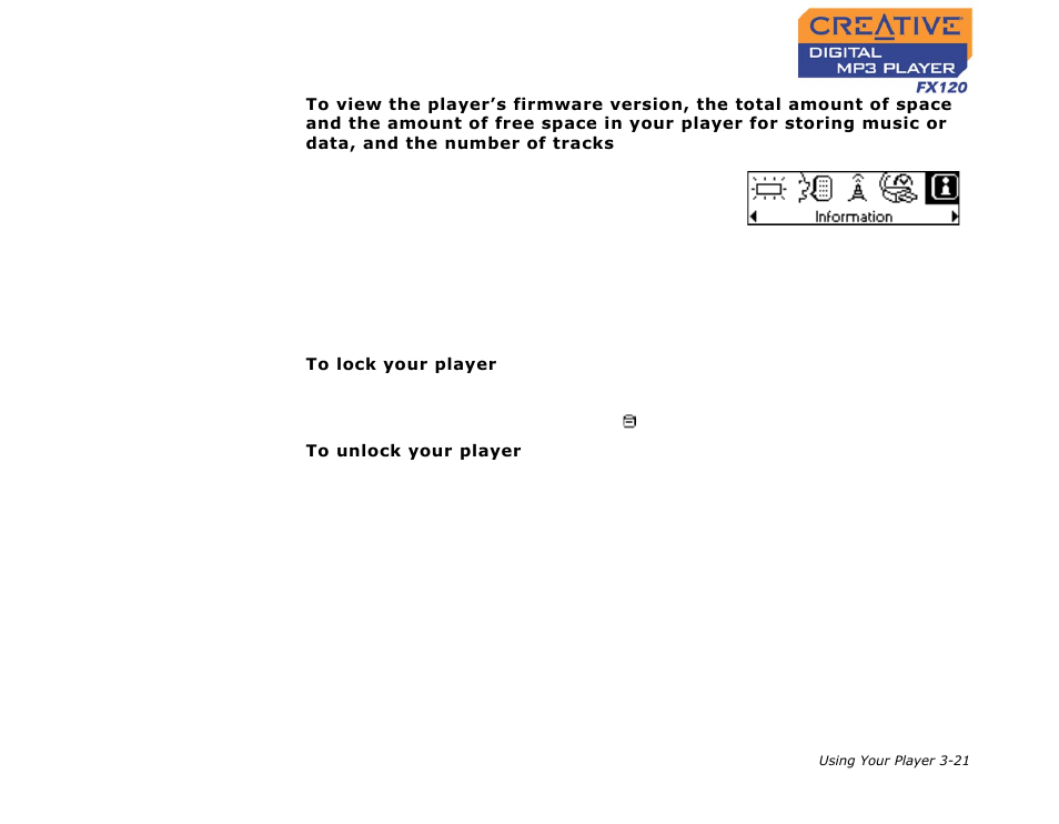 Locking and unlocking your player, Locking and unlocking your player -21 | CREATIVE Digtial MP3 Player FX120 User Manual | Page 42 / 61