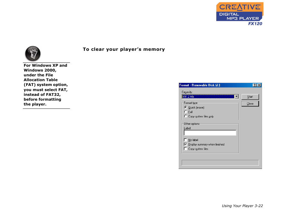 Formatting your player, Formatting your player -22 | CREATIVE Digtial MP3 Player FX120 User Manual | Page 43 / 61
