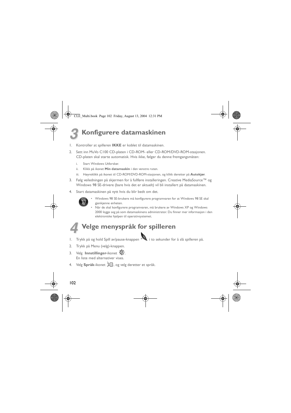Konfigurere datamaskinen, Velge menyspråk for spilleren | CREATIVE CLE User Manual | Page 102 / 157