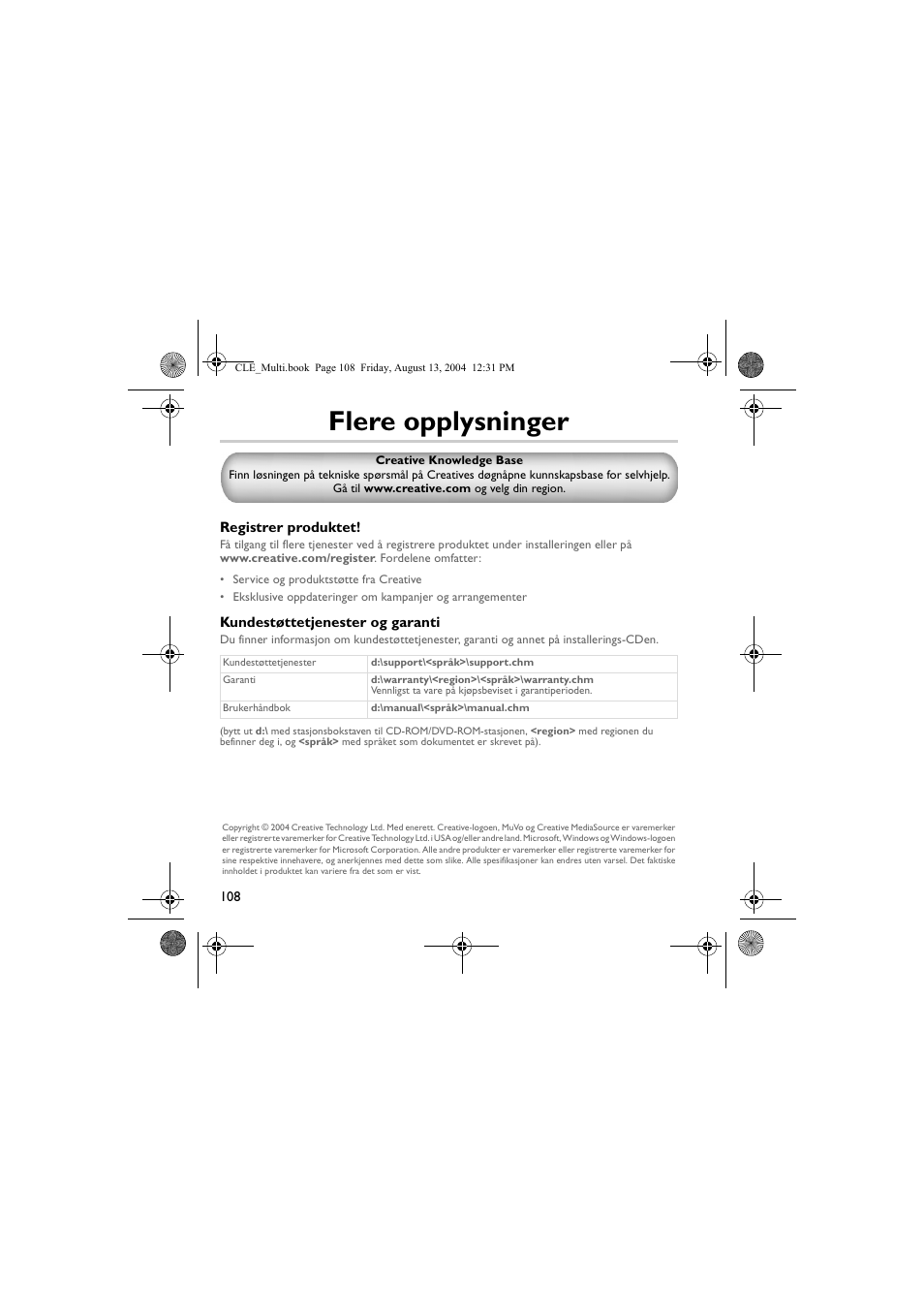 Flere opplysninger | CREATIVE CLE User Manual | Page 108 / 157