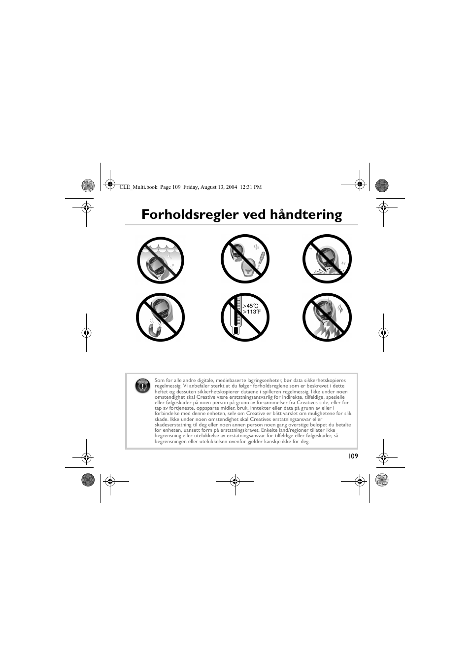 Forholdsregler ved håndtering | CREATIVE CLE User Manual | Page 109 / 157