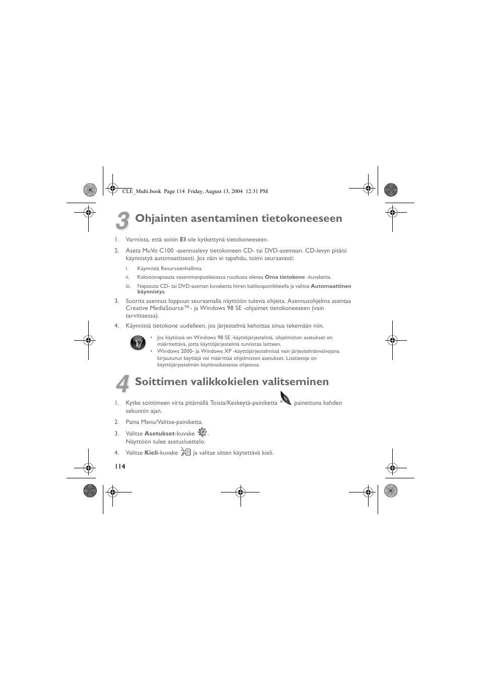 Ohjainten asentaminen tietokoneeseen, Soittimen valikkokielen valitseminen | CREATIVE CLE User Manual | Page 114 / 157