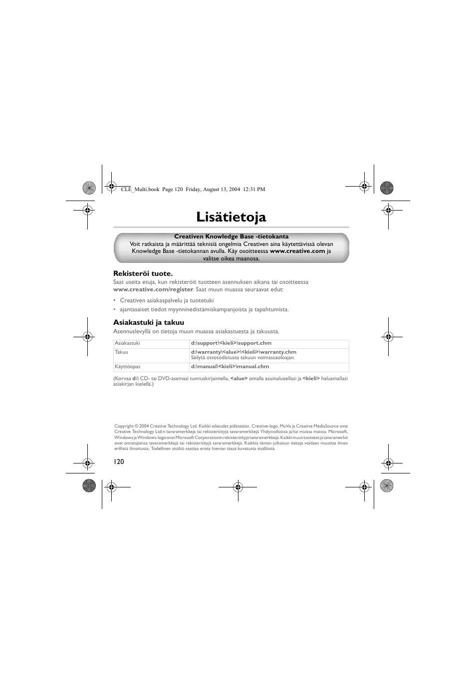 Lisätietoja | CREATIVE CLE User Manual | Page 120 / 157