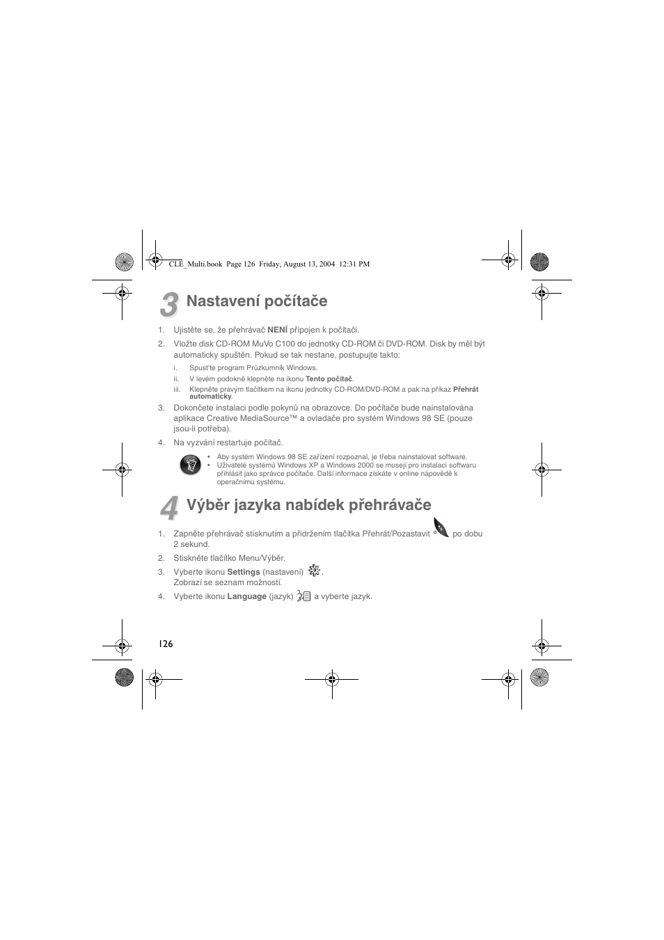Nastavení počítače, Výběr jazyka nabídek přehrávače | CREATIVE CLE User Manual | Page 126 / 157