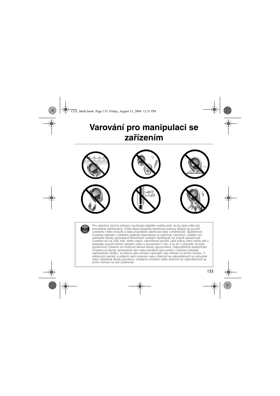 Varování pro manipulaci se zařízením | CREATIVE CLE User Manual | Page 133 / 157