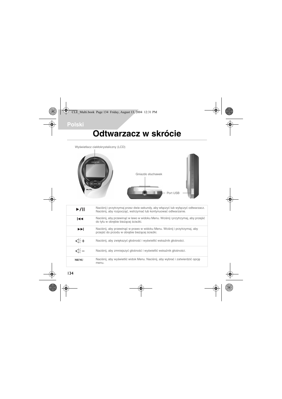 Odtwarzacz w skrócie, Polski | CREATIVE CLE User Manual | Page 134 / 157