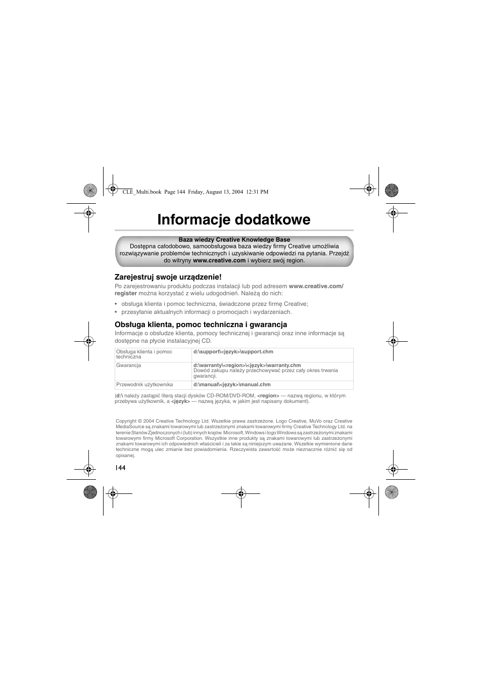 Informacje dodatkowe | CREATIVE CLE User Manual | Page 144 / 157