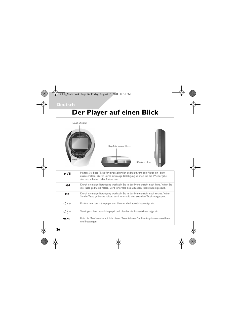 Der player auf einen blick, Deutsch | CREATIVE CLE User Manual | Page 26 / 157