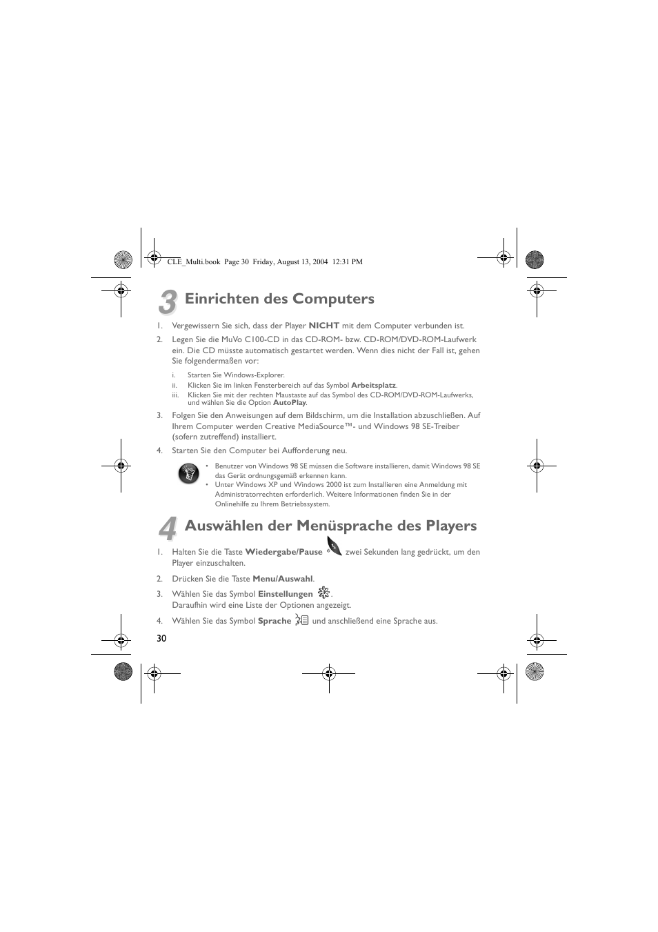 Einrichten des computers, Auswählen der menüsprache des players | CREATIVE CLE User Manual | Page 30 / 157